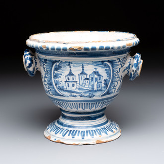 A blue and white French faience garden vase, probably Nevers, 18th C.