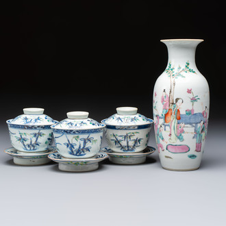 Three Chinese enamelled blue and white covered bowls on stands and a famille rose vase, Kangxi and Tongzhi mark, 19/20th C.