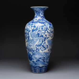 A massive Japanese Arita blue and white 'Cranes' vase, Meiji, 19th C.