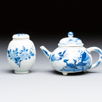 A Chinese blue and white covered tea caddy and a covered teapot with ducks, Kangxi