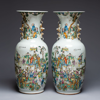 A pair of massive Chinese famille rose 'Ren Lun Zhi Zhi 人倫之至' and 'Xiao Gan Dong Tian 孝感動天' vases, signed Pan Zhaotang 潘肇唐, dated 1919