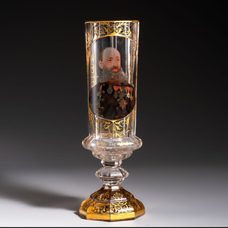 A gilt polychrome-decorated facetted 'Royal Portrait' glass goblet, Moser, Czech Republic, 19th C.