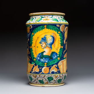 A massive polychrome Italian maiolica albarello with a profile bust of a warrior from the Antique, Venice, 16th C.
