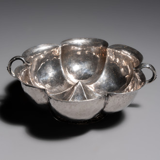 An Italian silver lobed footed bowl with handles, mark of the crossed Keys of St. Peter under a liturgical umbrella, Papal States, Rome, 18th C.