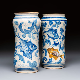 A pair of unusual blue, white and polychrome Italian maiolica 'fish' albarelli, 18th C.