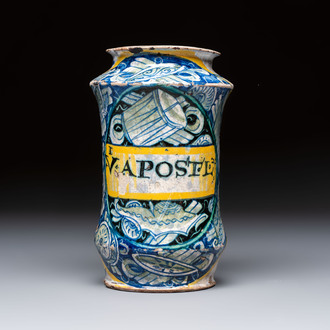 A polychrome Italian maiolica 'a trofei' albarello, inscribed V. APOSTL, Deruta, late 16th C.
