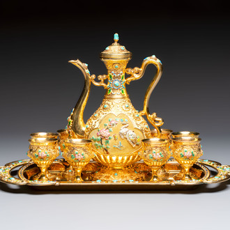A rare Chinese export precious stone-inset and enamelled gilt-silver coffee set with matching tray, silver marks, 20th C.