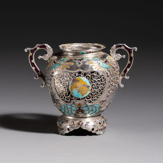 A Japanese enamelled reticulated silver 'koro' censer, Meiji, 19th C.