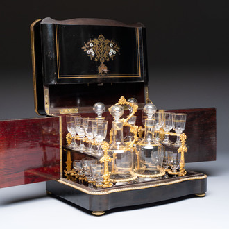 A liquor cabinet or cave à liqueur with Boulle and mother-of-pearl inlay, 19th C.