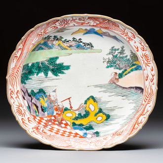 A rare Japanese Kutani oval 'Dutchmen' dish, seal mark, Edo, 17/18th C.