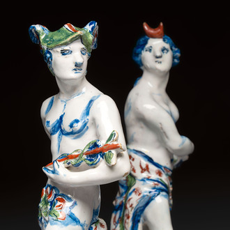 An important pair of polychrome Dutch Delft cashmere palette figures of Diana and Mercury, dated 172(?)