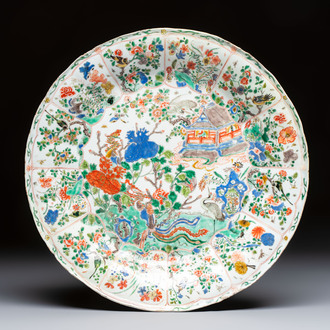 A large Chinese famille verte 'Pavilion with Birds among Flowering Branches' dish, Kangxi