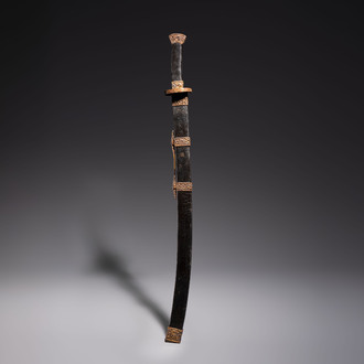 A Chinese palace guard sword 'Dao' inscribed 'Da Nei Shi Wei 大內侍衛', with lacquered wooden scabbard and gilt-bronze 'Dragon' mounts, Qing