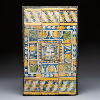An extremely rare floor tile panel with a cherub head, workshop of Masseot Abaquesne, Rouen, France, ca. 1557-1560