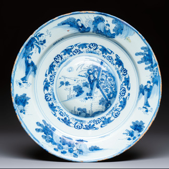 A blue and white Dutch Delft chinoiserie dish, 17th C.
