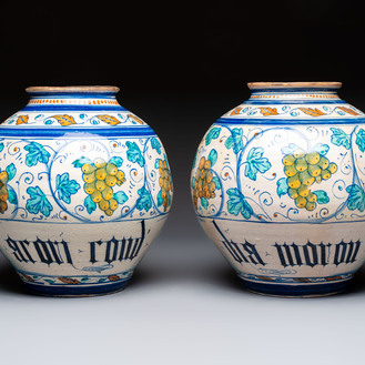 A pair of large polychrome Italian maiolica drug jars with grapevines, Venice, 3rd quarter 16th C.