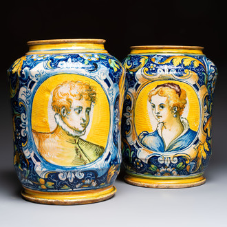 An exceptional pair of large polychrome Italian maiolica albarelli with a bust of a man and a woman, Venice, workshop of Maestro Domenico, mid 16th C.