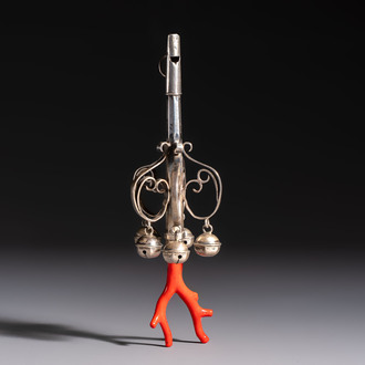 A silver red coral-mounted children's rattle-whistle, 19th C. or earlier