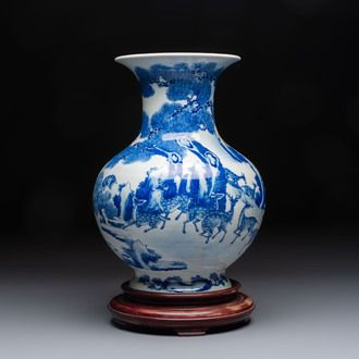 A Chinese blue and white '100 Deers' 'Zun' vase on wooden stand, Kangxi mark, 19th C.