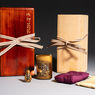 A fine Japanese four-case metal-inlaid lacquer 'Kanshin' inrō by Kōzan with a red coral ojime and a 'Jurojin' netsuke, Kōzan 光山 mark, Edo