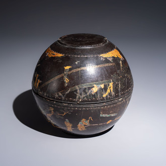 An unusual Chinese laque burgauté 'Double Bowl' box depicting scenes from Xi Xiang Ji, Kangxi