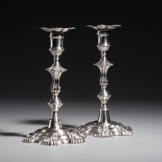 Two English silver candlesticks, William Cafe, London, dated 1751 and 1774