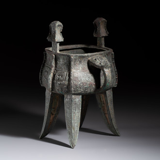 A Chinese archaic bronze wine vessel with owl design, Jia 斝, late Shang