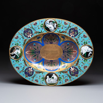 A large champlevé enamelled gilt bronze dish with enamel medallions, illegibly signed, probably France, 19th C.