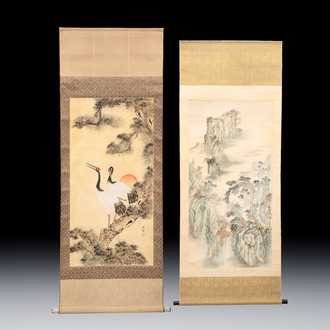 After Shen Quan 瀋銓(1682-1760): 'Cranes', ink and colour on silk, 20th C., and Chinese school: 'Mountainous Landscape' ink and colour on silk, 20th C.