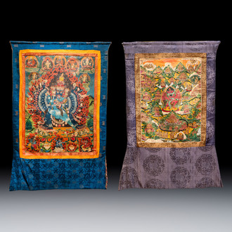 Two Tibetan thangkas depicting Vajrabhairava and Yab-Yum, 19/20th C.