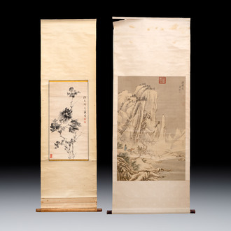 Chinese school: 'Peony' and 'Snowscape', ink and colour on paper and silk, signed Shao Chongwei 卲重威 and Xia Gui 夏珪, 20th C.