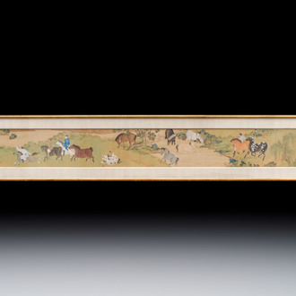 Chinese school: 'Bathing Horses 浴馬圖', ink and colour on silk, 19th C.
