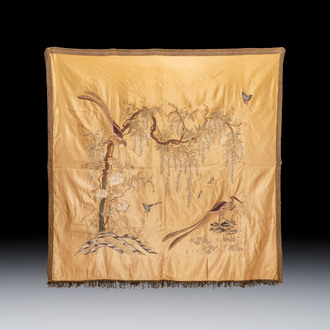 A Chinese embroidered silk 'Pheasants and Wistaria' panel, 19/20th C.