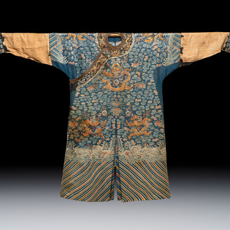 A Chinese silk blue-ground summer gauze 'Dragons' robe, 19th C.