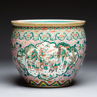 A Chinese famille verte pink-ground scroll pot with narrative design, 19th C.