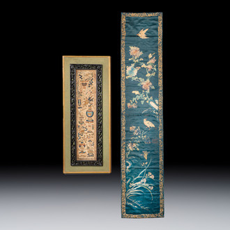 Two Chinese embroidered silk panels with antiquities and birds among flowering branches, 19th C.