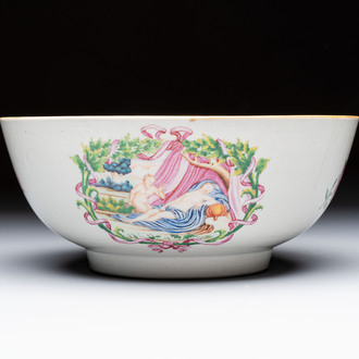 A rare Chinese famille rose 'Satyr Watching a Sleeping Venus' punch bowl, Qianlong