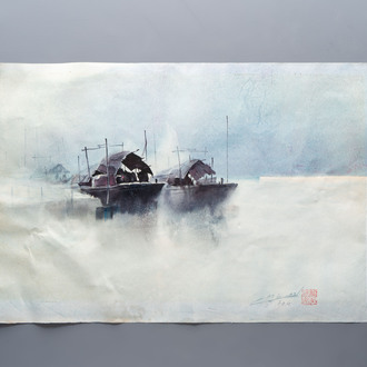 Cao Beian 曹培安 (b. 1957): 'Sampan Boats', ink and watercolour on paper, dated February 1994.