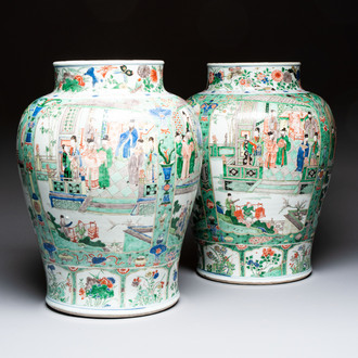 A pair of large Chinese famille verte 'Birthday Celebration of Guo Ziyi 郭子儀祝壽' baluster vases, Kangxi