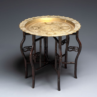 A Chinese brass and hongmu 'Yan Nian Yi Shou 延年益壽' folding table, 19/20th C.