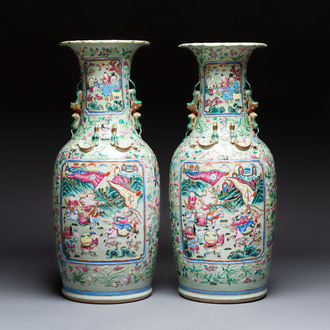 A pair of large Chinese famille rose celadon-ground 'Romance of the Three Kingdoms' vases, 19th C.