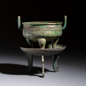 An inscribed Chinese archaic bronze food vessel and stand, You Pan Ding 有盤鼎, Western Zhou