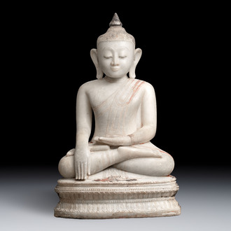 A monumental Burmese white marble Post-Pagan Buddha with traces of gilt-lacquer, Ava Kingdom, 17th C