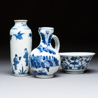 A Japanese blue and white vase, a jug and a bowl, 17th C. and later