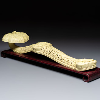 A large Chinese lemon-yellow-glazed biscuit 'Dragons' ruyi in the style of Wang Bingrong, on a wooden stand, Republic