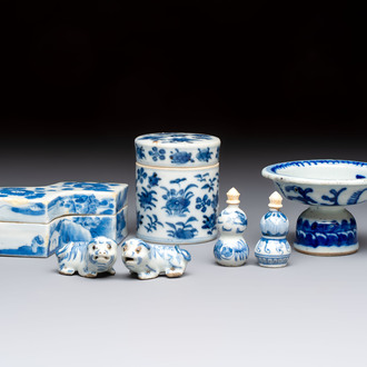 A varied collection of seven Chinese blue and white wares, Chenghua marks, 19th C.