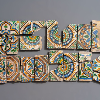17 polychrome ceiling tiles and fragments, Spain, 16th C.