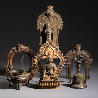 A Chinese gilt-bronze Buddha, a Tibetan dorje bell and four various South Asian bronze wares, 18/19th C.