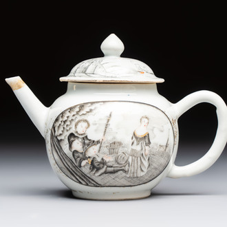 A Chinese grisaille and gilt-decorated 'European Subject' teapot and cover, Qianlong