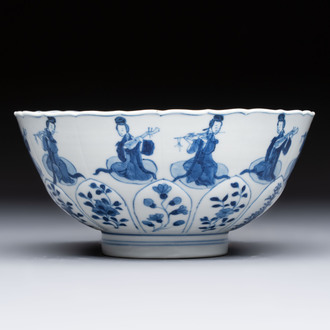 A Chinese blue and white moulded 'Elegant Beauties' bowl, Chenghua mark, Kangxi